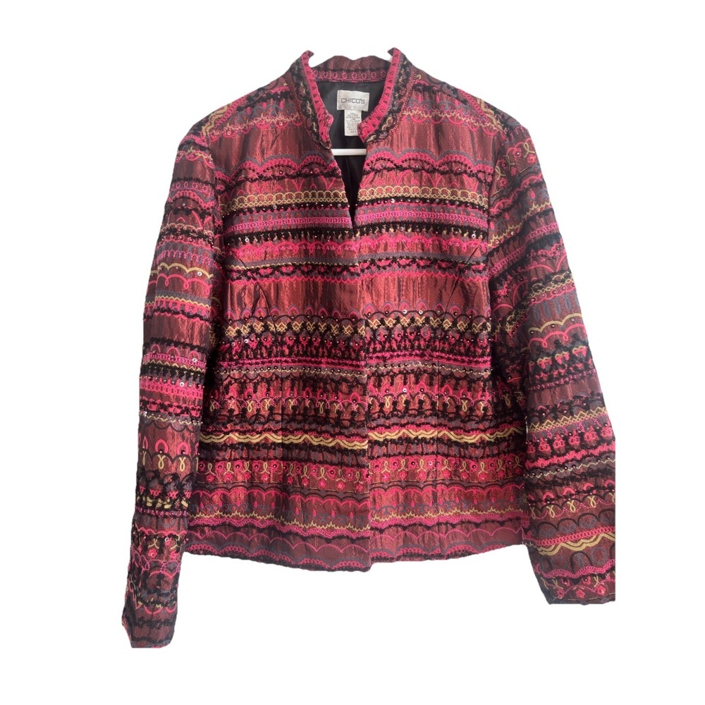 Chico's Beaded & Embellished Jacket Sz (2) Large Pink/Black Boho Gypsy Artsy